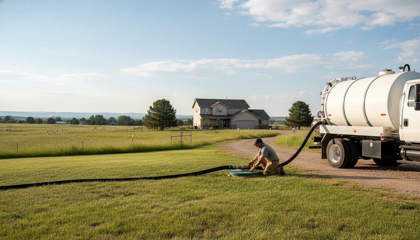 Septic pumping truck and technician at a rural home